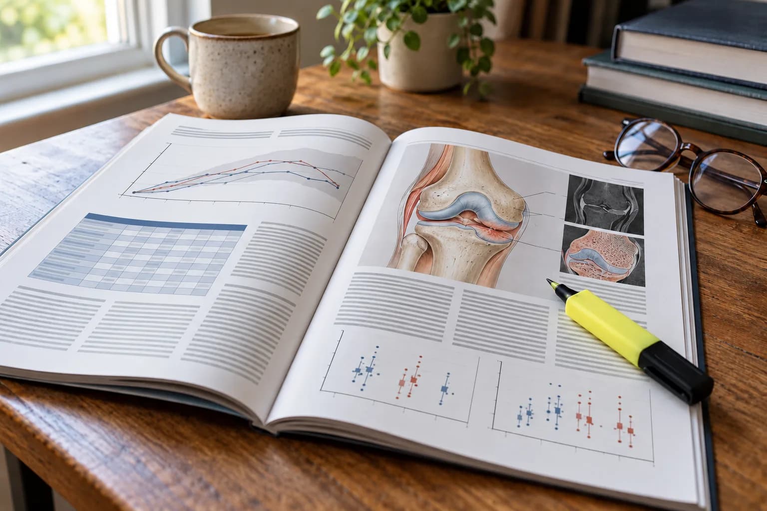 A printed journal article open on a desk, showing graphs, a data table and a figure of a knee joint