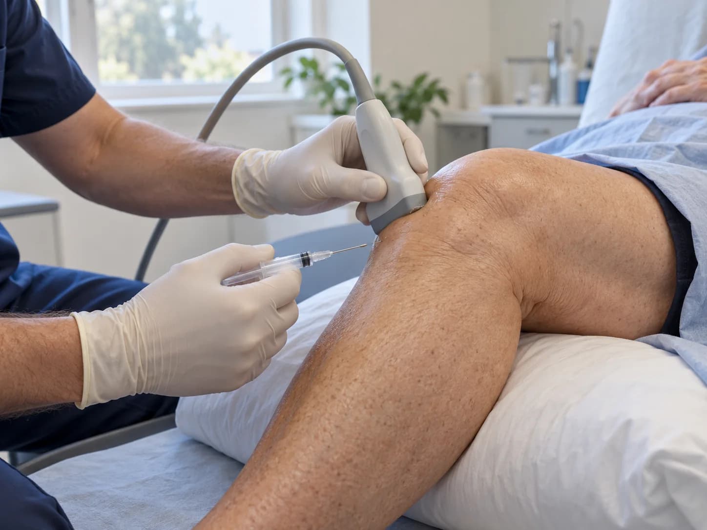 A clinician holding an ultrasound probe against a patient's knee with a syringe ready