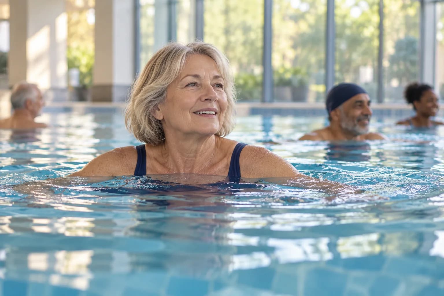 A woman swimming in an indoor pool