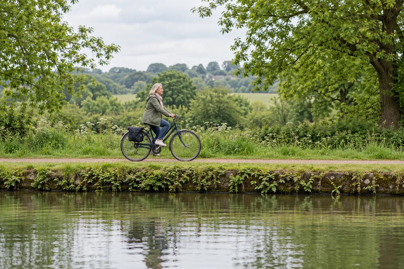 A person cycling along a canal towpath