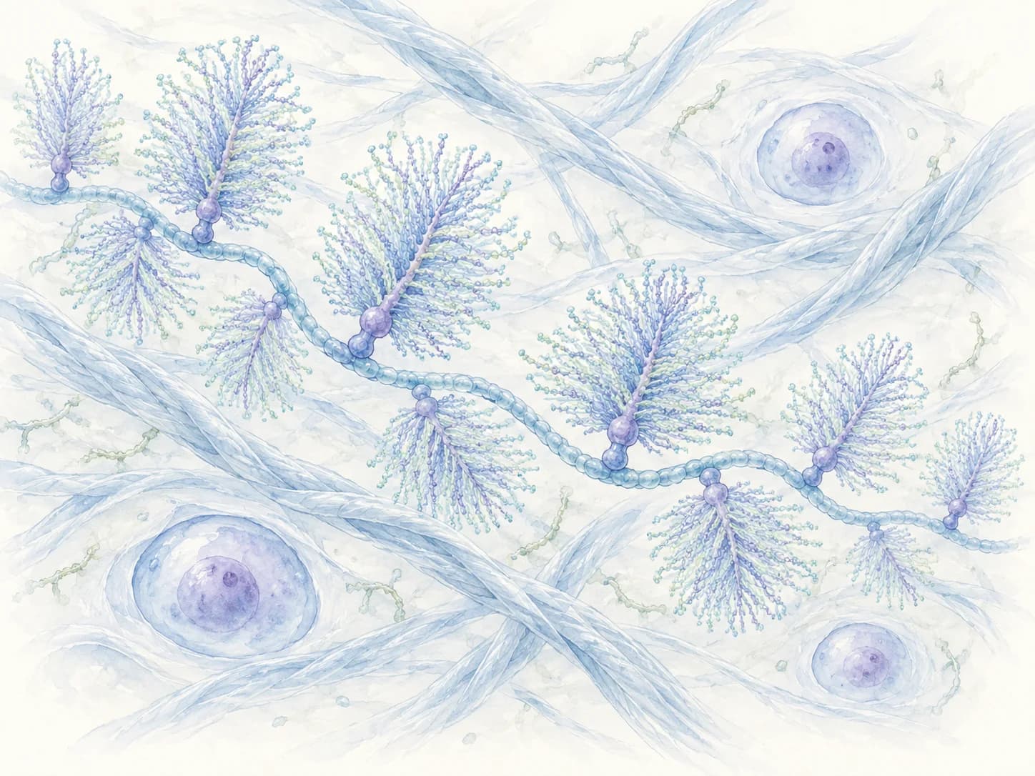 Watercolour illustration of the cartilage matrix with proteoglycans threaded on a hyaluronan chain between collagen fibres