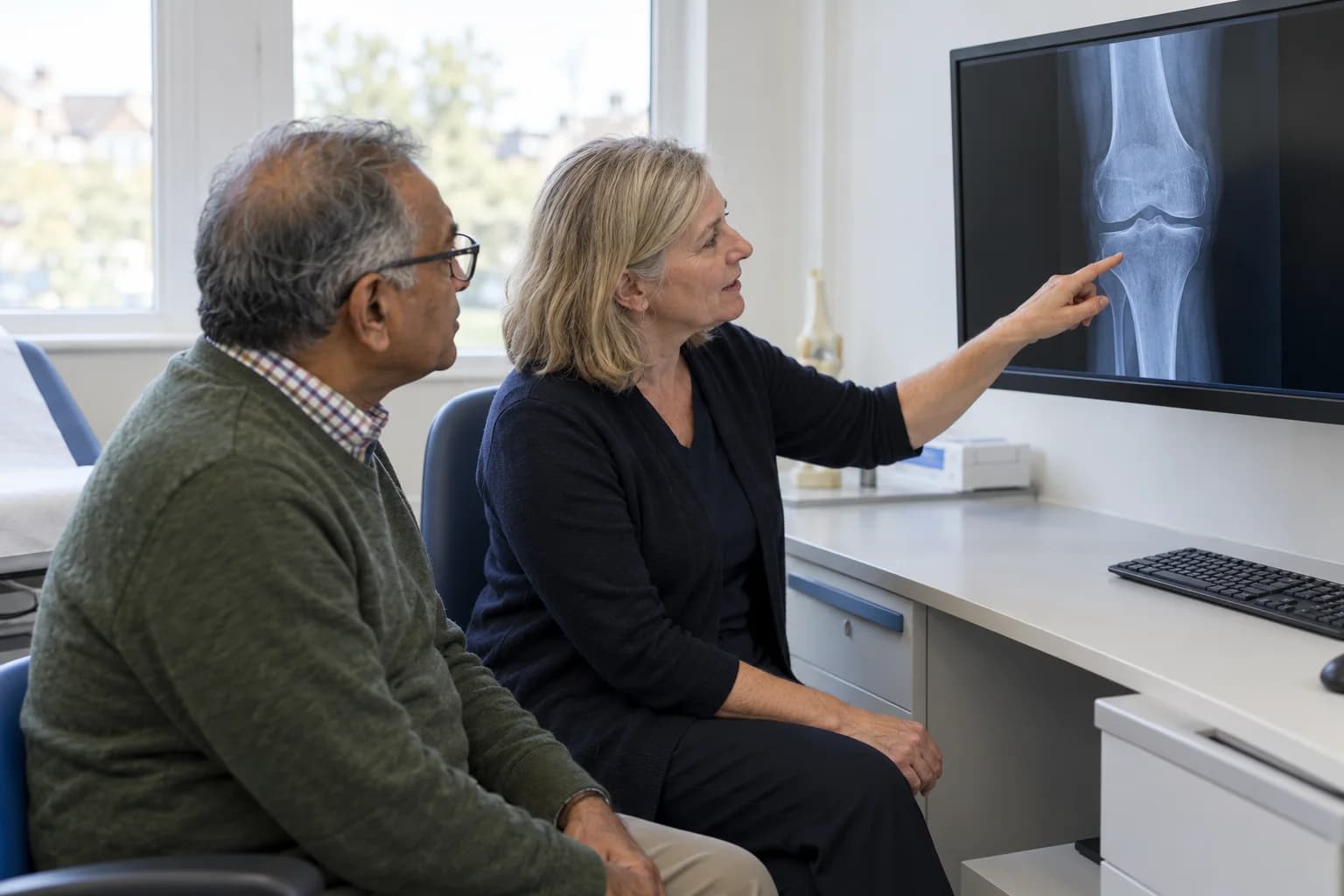 A clinician showing a patient a knee X-ray on a monitor in a consultation room