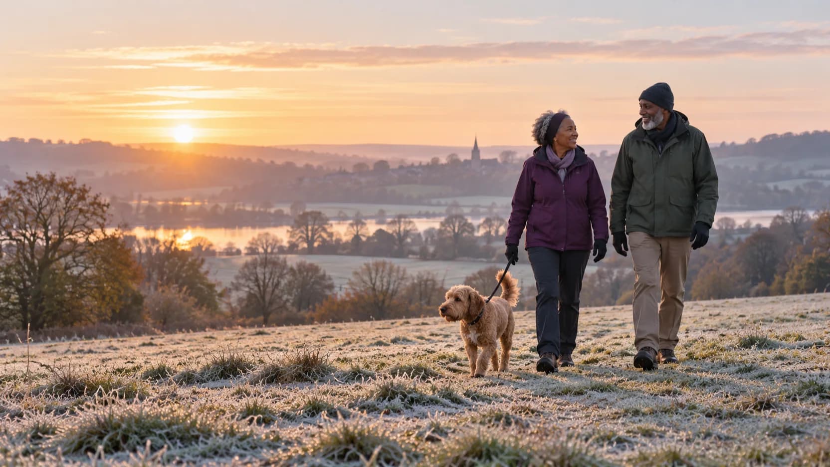 A couple walking their dog across a frosty field at sunrise