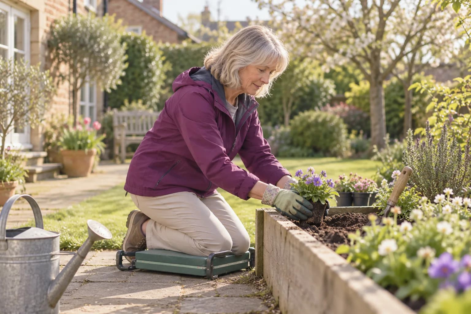 A woman planting in a raised garden bed